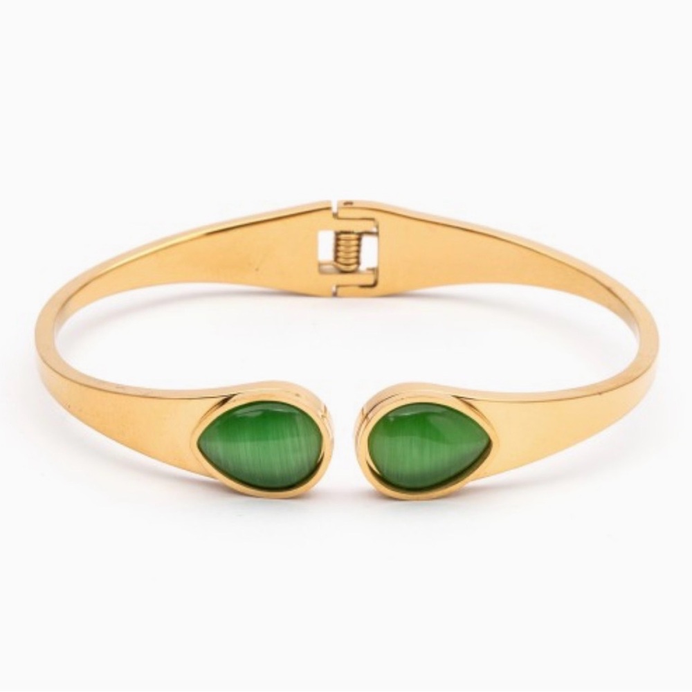Gold Tone Stainless Steel Cat Eye Hinged Bangle Bracelet Green Stone NIP - Picture 2 of 9